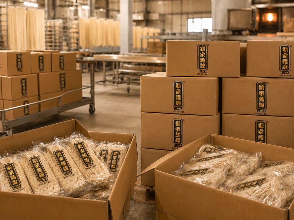 Cartons of packed mee suah ready for bulk B2B shipment at the LJMX facility